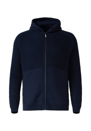 Marineblauwe rits-hoodie met ribgebreide mouwen en bovenlichaam, voorzakken met drukknoopsluitingen en een verstelbare trekkoordkap.