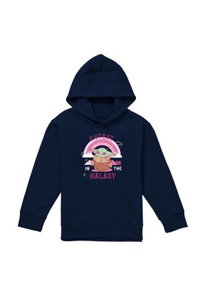 Navy blue hoodie with front pouch pocket, featuring a green alien character under a pink rainbow and text "Cutest in the Galaxy" on the chest.