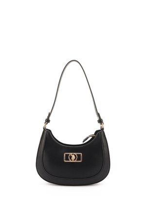 Schwarze Leder-Umhängetasche mit goldenem Emblem und Reißverschluss, ausgestattet mit einem einzelnen Riemen und einer geschwungenen rechteckigen Form.