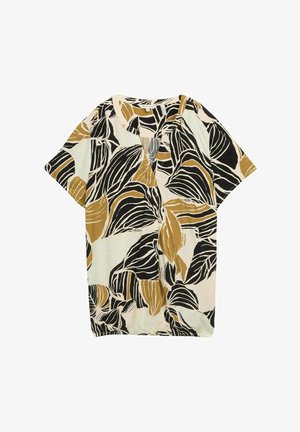 Rövid ujjú blúz, amely levélmintával rendelkezik fekete, mustár és világoskék színekben, krém háttéren; könnyű anyag és laza szabás jellemzi.