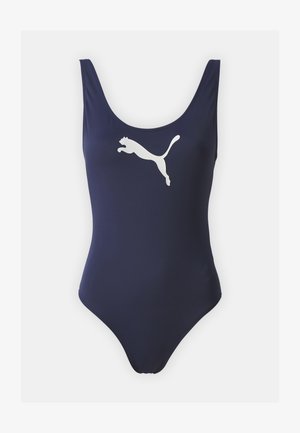 Fato de banho azul-marinho de uma peça com decote redondo, feito de um tecido suave, apresentando um logótipo da Puma em branco em destaque no peito.