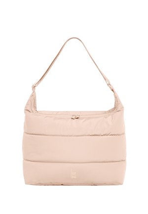 Borsa a spalla imbottita beige con tracolla regolabile e logo "GOT BAG" discreto sulla parte anteriore, in basso al centro.