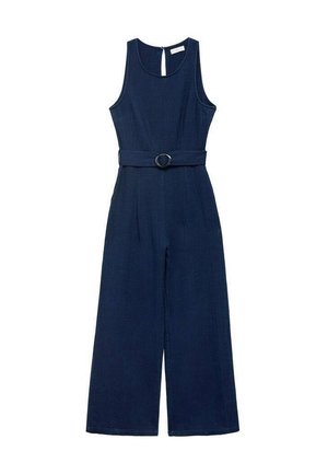 Ærmeløs marineblå jumpsuit med brede ben, rund halsudskæring, knaplukning bagpå og matchende stofbælte med rund spænde.