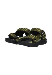 Zwarte sandalen met verstelbare riemen met een groen zigzagpatroon. Rubberen zool met gripdesign en gevoerd voetbed.