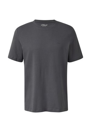 Graues Baumwoll-T-Shirt mit kurzen Ärmeln, Rundhalsausschnitt und einem dezenten Logo auf der Brust. Glatte Textur und Standardpassform.