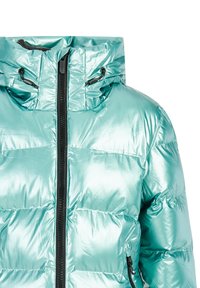 Padded jacket w wykonaniu z błyszczącego jasnoniebieskiego materiału, z zamkiem błyskawicznym z przodu, regulowanym kapturem i czarnymi detalami zamka.