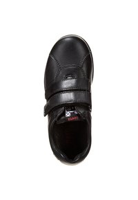 Czarne dziecięce buty z dwoma paskami na rzep, teksturowaną cholewką, zaokrąglonym noskiem, trwałą podeszwą i wyściełanym kołnierzem dla wygody.