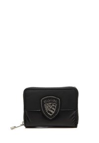 Portafoglio nero con zip, caratterizzato da un tessuto testurizzato, un emblema con perline e un design rettangolare elegante. La cerniera argentata è ben visibile.