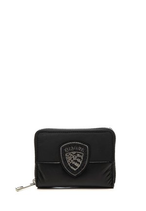 Portafoglio nero con zip, caratterizzato da un tessuto testurizzato, un emblema con perline e un design rettangolare elegante. La cerniera argentata è ben visibile.