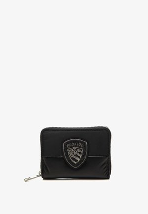 Portafoglio nero con zip, caratterizzato da un tessuto testurizzato, un emblema con perline e un design rettangolare elegante. La cerniera argentata è ben visibile.