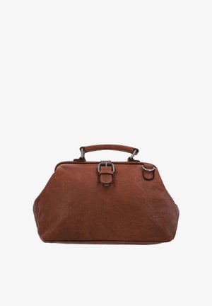 Braune Lederhandtasche mit abgerundeter Form, Metallbeschlägen, Tragegriff oben und Schnallenverschluss. Leicht strukturierte Oberfläche mit Markendetail.