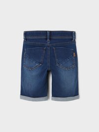 Denim shorts in dark blue, featuring a folded hem, five-pocket design, and visible stitching accents on the back and waistband.