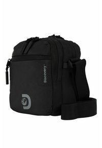 Borsa a tracolla nera in nylon con più cerniere, tracolla regolabile, dettagli con logo e superficie texturizzata. Design compatto per l'uso quotidiano.