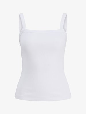 Weißes, geripptes Tanktop mit schmalen Trägern und figurbetontem Schnitt, hergestellt aus einem weichen Baumwollmischgewebe. Ohne Muster oder Akzente.