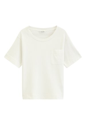 T-shirt blanc en coton à manches courtes avec col rond et petite poche poitrine, design uni, présenté sur un fond blanc.
