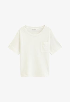 T-shirt blanc en coton à manches courtes avec col rond et petite poche poitrine, design uni, présenté sur un fond blanc.