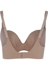 Beżowy bezprzewodowy stanik z gładkiego materiału, głębokim dekoltem na plecach, regulowanymi ramiączkami i zapięciem na haczyk. Prosty design bez ozdobników.