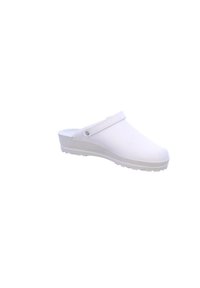 Weiße Clogs mit flacher Sohle, aus glattem Material, mit einem einzigen verstellbaren Riemen und kleinen runden Hardwaredetails.