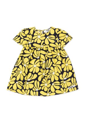 Sukienka dla malucha z krótkim rękawem, czarne tło z dużymi żółtymi kwiatami z białymi środkami, metka "MSGM" na dole.