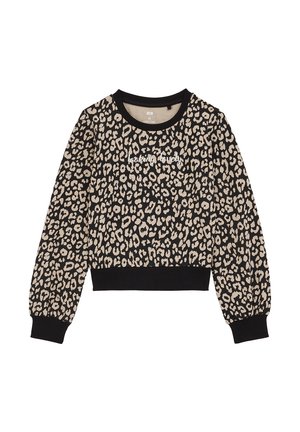 Schwarz-beiges Leopardenmuster Langarm-Sweatshirt mit schwarzen Bündchen und Saum, vorne mit weißem Schriftzug "looking lovely".
