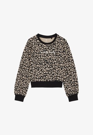 Schwarz-beiges Leopardenmuster Langarm-Sweatshirt mit schwarzen Bündchen und Saum, vorne mit weißem Schriftzug "looking lovely".