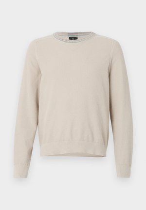 Beige pletený svetr s kulatým výstřihem a pružnými manžetami, který má texturovaný vzor po celém povrchu a jemné barevné akcenty na límci.