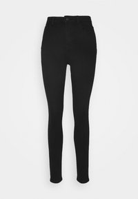 Černé úzké džíny vyrobené z denimu, s vysokým pasem, pěti kapsami a zapínáním na knoflík vpředu. Hladká textura, žádné viditelné vzory.