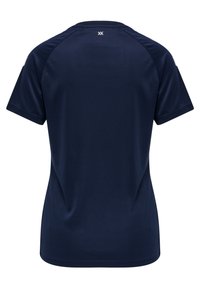 Navy blue short-sleeve athletic shirt made of smooth, synthetic material; features a round neckline and raglan sleeves.