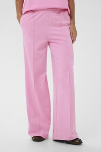 Ružové nohavice so širokými nohavicami vyrobené z mäkkej tkaniny s mierne lesklou textúrou, s šikmými vreckami a pohodlným elastickým pásom.