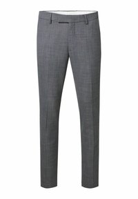Pantalons à carreaux gris au design slim fit, avec une taille plate, des passants de ceinture et une texture lisse, fabriqués en tissu léger.