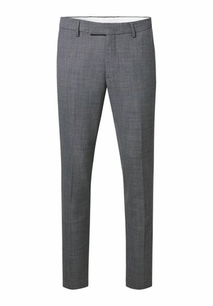 Graue karierte Hose mit schlanker Passform, flachem Vorderteil, Gürtelschlaufen und glatter Textur, aus leichtem Stoff gefertigt.