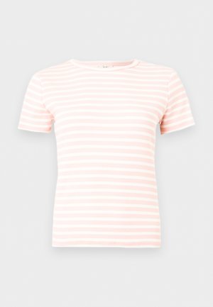 Kortermet ribbestrikket T-skjorte med horisontale lyserosa og hvite striper og rund hals.