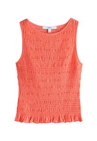 Korallikarva top, millel on tekstuuriga voltitud muster, ümar kaelus ja volangidega alumine äär. Valmistatud pehmest kangast, mis tagab mugavuse ja liikumisvabaduse.