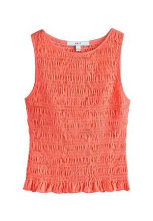 Koralų spalvos liemenėlė su tekstūruotu, smock stiliaus dizainu, apvalia iškirpte ir raukiniais apdailintu apačioje. Pagaminta iš minkštos medžiagos, užtikrinančios komfortą ir laisvą judėjimą.