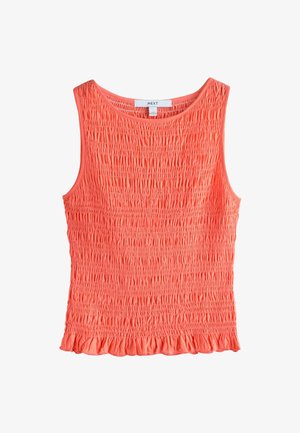 Koralų spalvos liemenėlė su tekstūruotu, smock stiliaus dizainu, apvalia iškirpte ir raukiniais apdailintu apačioje. Pagaminta iš minkštos medžiagos, užtikrinančios komfortą ir laisvą judėjimą.