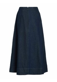 Ciemnogranatowa spódnica midi z denimu o wysokim stanie, plisowanym kroju i ukrytym zamkiem z tyłu. Charakteryzuje się rozkloszowanym fasonem i przeszyciem na dole.