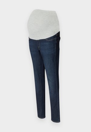 Materinske kavbojke z obliko temno modrega jeansa, z sivim elastičnim pasom in petimi žepi. Ravna rez.