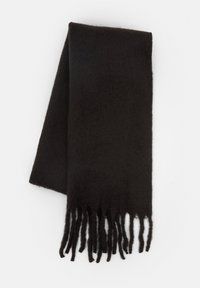 Sciarpa nera realizzata in un morbido tessuto testurizzato. Presenta estremità frangiate e una forma rettangolare. Ideale per il calore e il layering.