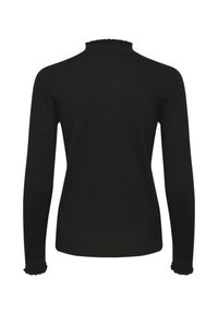 Svart långärmad tröja med hög krage och volangärmar, med en slät textur och en åtsittande design.
