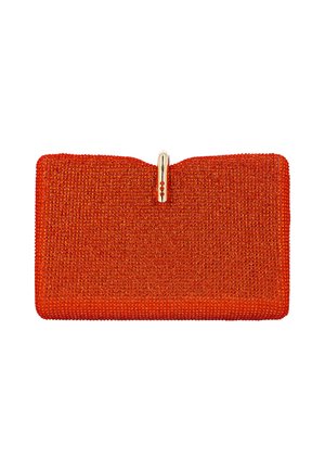 Plic dreptunghiular roșu, acoperit cu strasuri roșii, cu un închizător central auriu decorat cu trei pietre roșii.