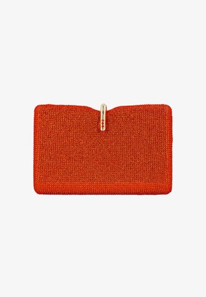 Rechteckige rote Clutch-Tasche, bedeckt mit roten Strasssteinen, mit einem zentralen goldenen Verschluss, der mit drei roten Steinen verziert ist.