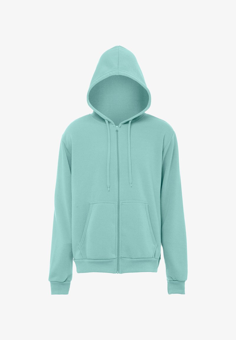 Mentazöld cipzáros kapucnis pulóver húzózsinórral, elülső zsebekkel, bordázott mandzsettákkal és puha anyagtextúrával.