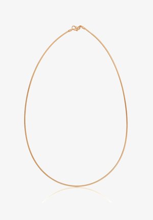 Collana sottile a catena in oro rosa con chiusura a moschettone, mostrata a forma di goccia su sfondo bianco.