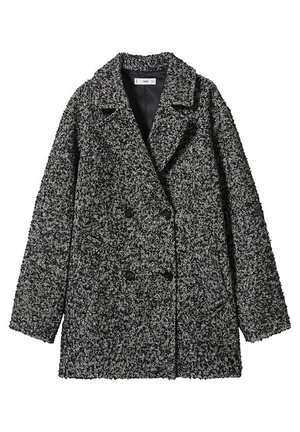 Zwart-witte, gestructureerde, dubbelgeknoopte wollen jas met brede revers en twee voorzakken, getoond op een witte achtergrond.