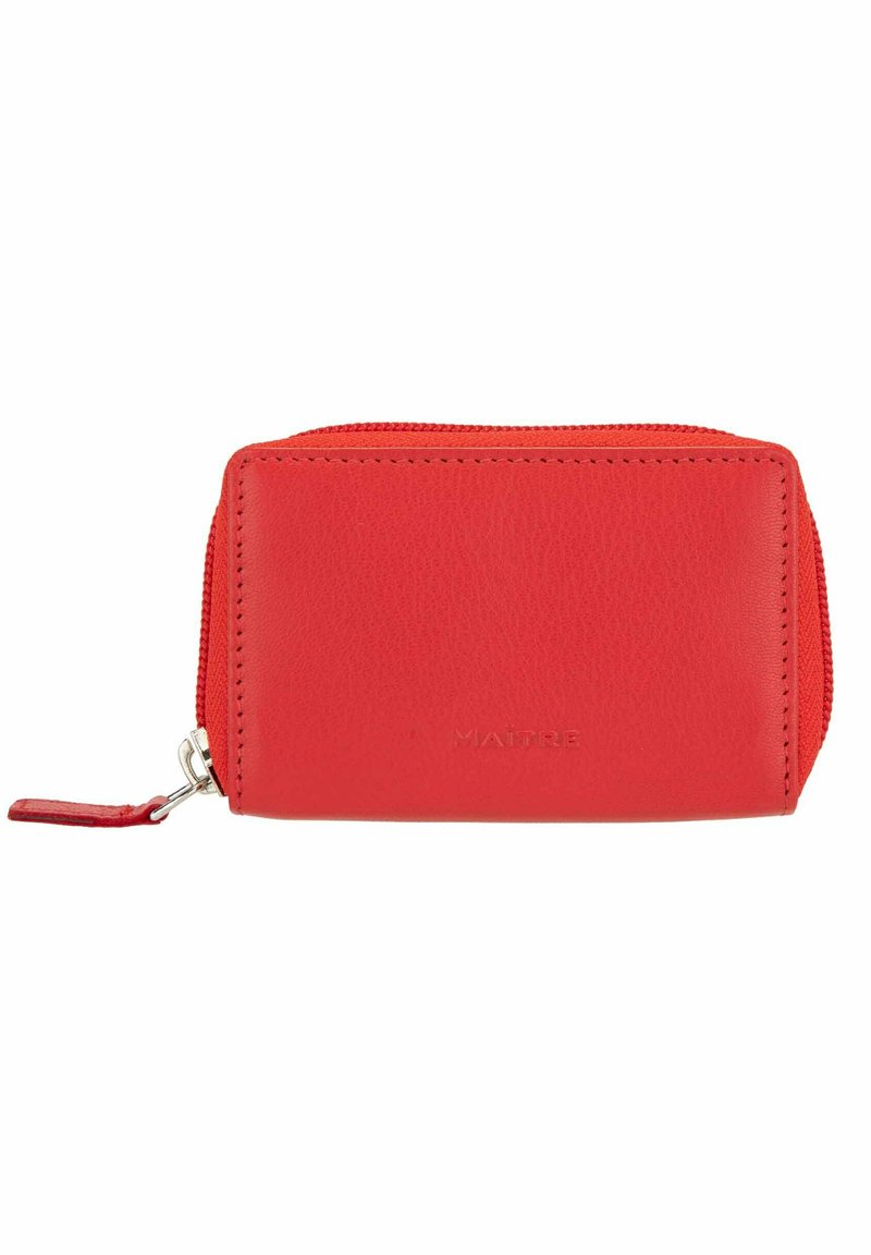 Red leather zippered wallet with smooth texture, compact rectangular shape, and embossed label. Features a small zipper pull for easy access.