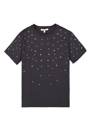 T-shirt en coton noir avec des embellissements en étoiles et points métalliques, manches courtes et col rond. Texture lisse, coupe décontractée.
