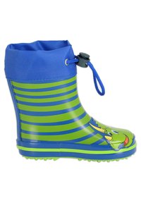 Botte de pluie en caoutchouc verte et bleue avec des rayures horizontales, design de dinosaure de dessin animé sur le bout, cordon de serrage bleu ajustable en haut.