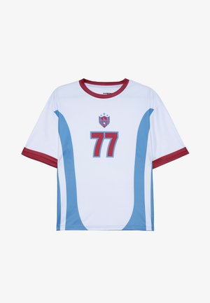 Short-sleeve soccer jersey in white with red accents. Features blue curved stripes and the number "77" in blue. Has a crew neckline.