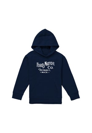 Marineblauer Kapuzenpullover mit Fronttasche und weißem vintage-stil Text "Ford Motor Co. Detroit, Mich." auf der Brust.