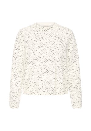 Biała bluzka z długim rękawem w drobne czarne kropki, z okrągłym dekoltem, na jednolitym białym tle.